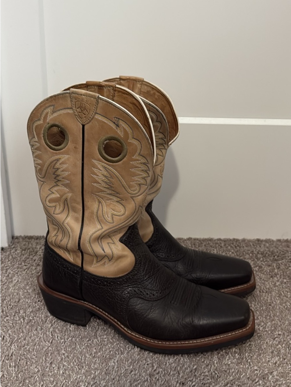 Ariat Two-Tone Black Foot Tan Shaft Western Cowboy Boots